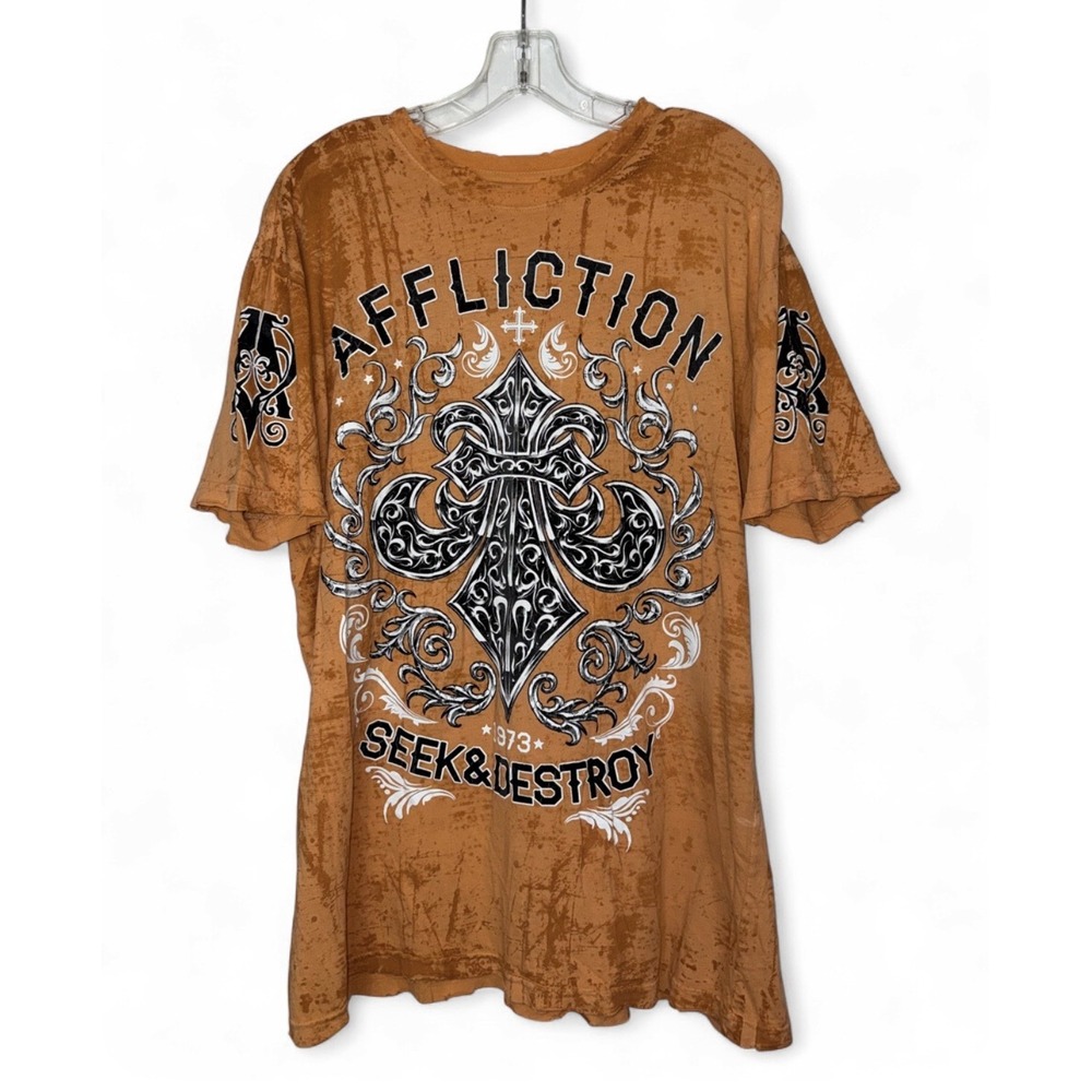 Affliction T Shirt Mens XL Orange Velvet Y2K Grunge Seek & Destroy Distressed